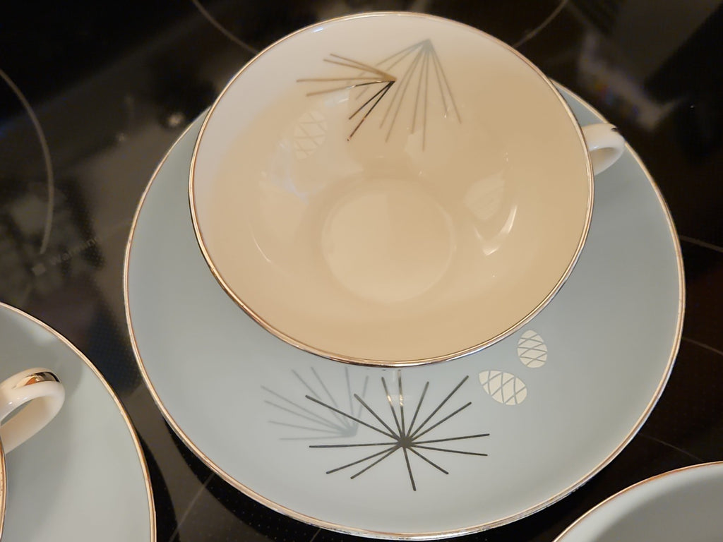 Set Of 4 Vintage MCM Franciscan Silver Pine Tea Cup & Saucer Sets Very Nice