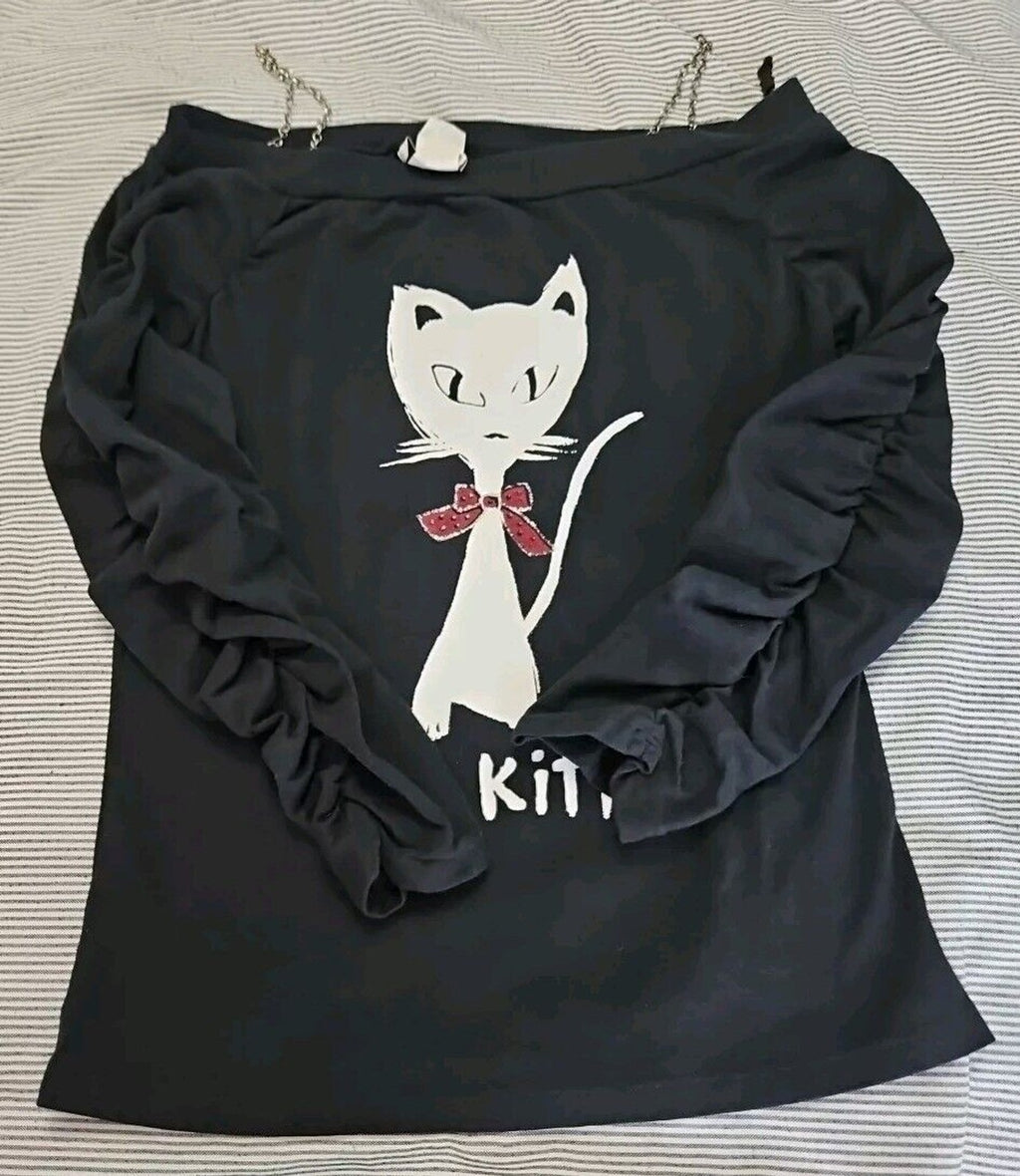 K Scion Goth Look Off Shoulder Rouched Sleeves Chain Detail Top Kitty Cat Sz M