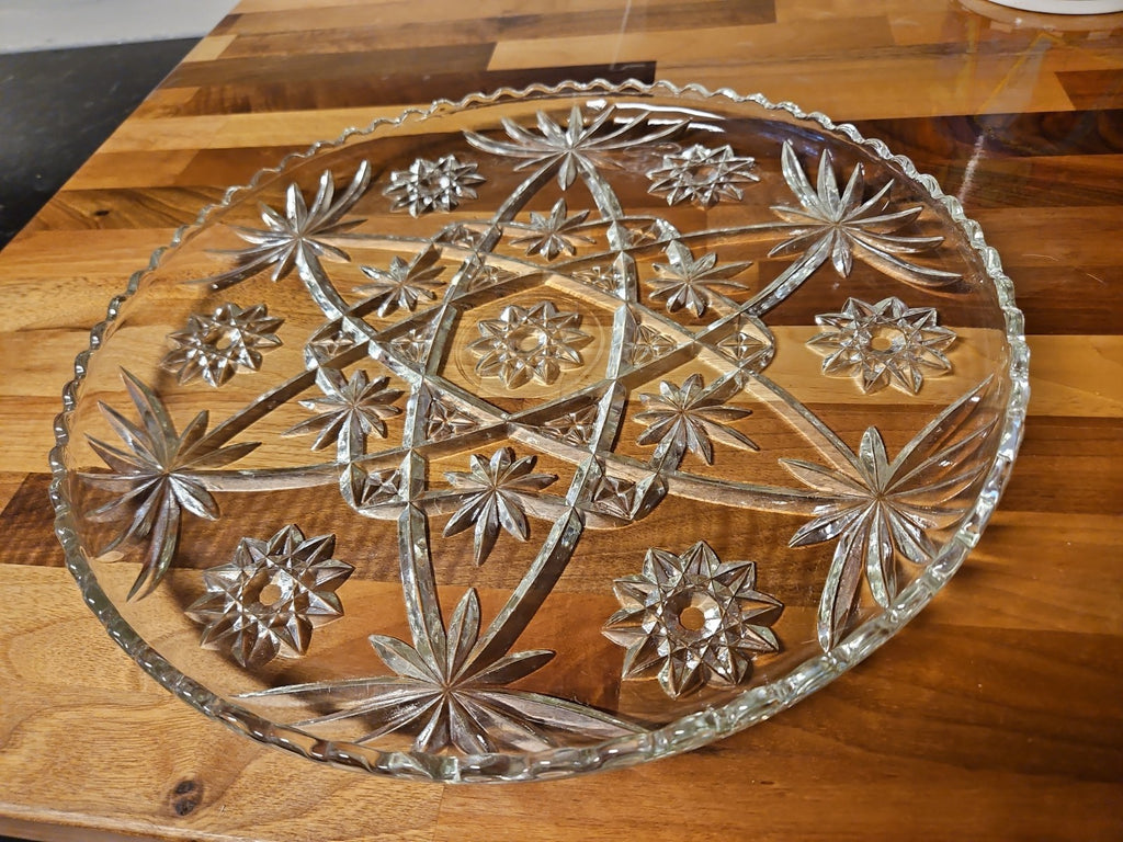 Vintage EAPC Anchor Hocking Star Burst Pressed Glass Platter 13.5" Round EUC