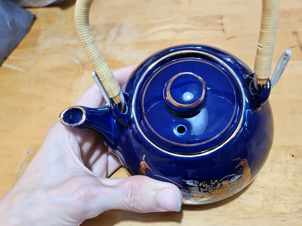 Vintage Japanese Cobalt Blue Tea Set With Gold Peacock Design - Teapot W/ 4 Cups