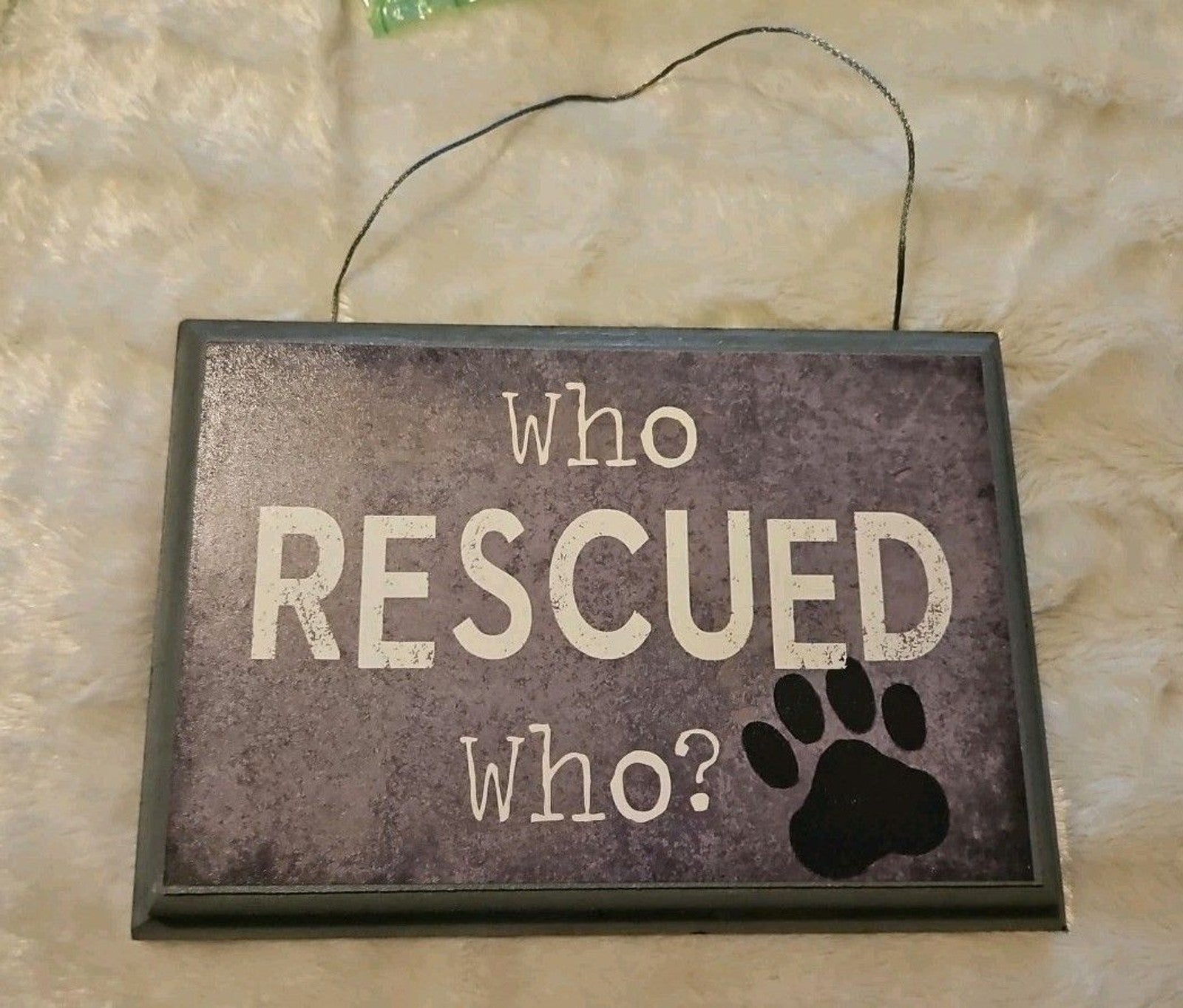 Rustic Who Rescued Who? Cat Dog Pawprint Wood Plaque Sign Pet Wall Art
