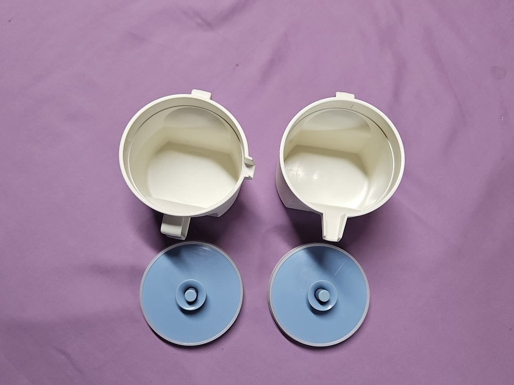 Vintage Tupperware Sugar & Creamer Set Push Tops 1414 & 1415 White W/ Blue Lids