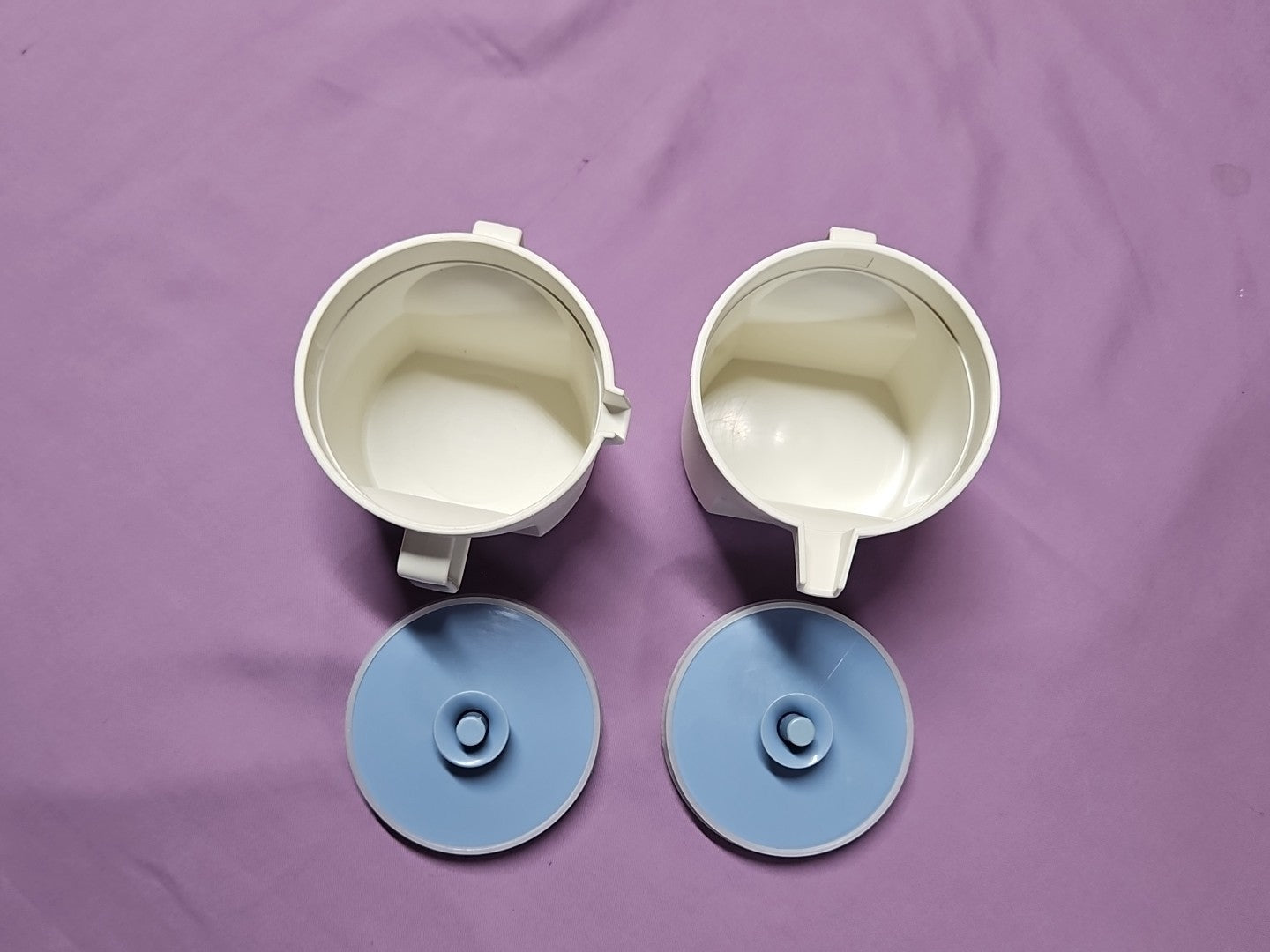 Vintage Tupperware Sugar & Creamer Set Push Tops 1414 & 1415 White W/ Blue Lids