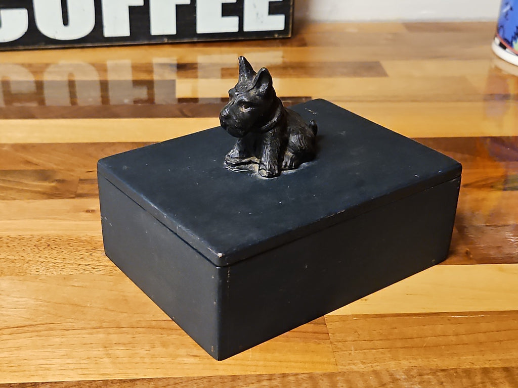 Vintage Art Deco Black Metal Scottie Dog On Wooden Trinket Box 1930s 5.75"×4.25"