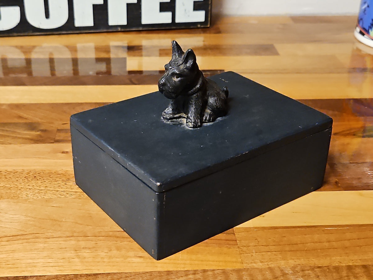 Vintage Art Deco Black Metal Scottie Dog On Wooden Trinket Box 1930s 5.75"×4.25"