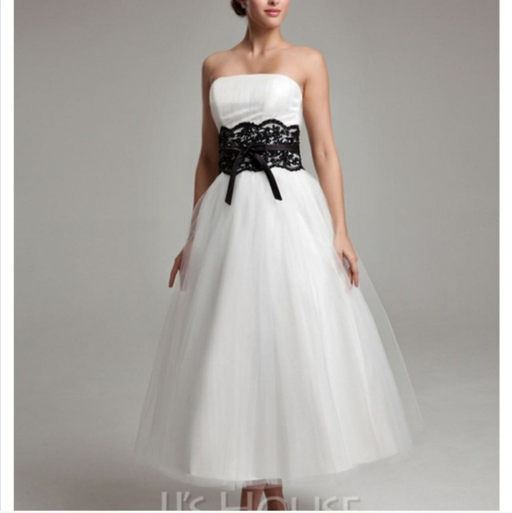 NWT Tea Length JJs House White Wedding Dress Black Accent Waist Detail Size 14