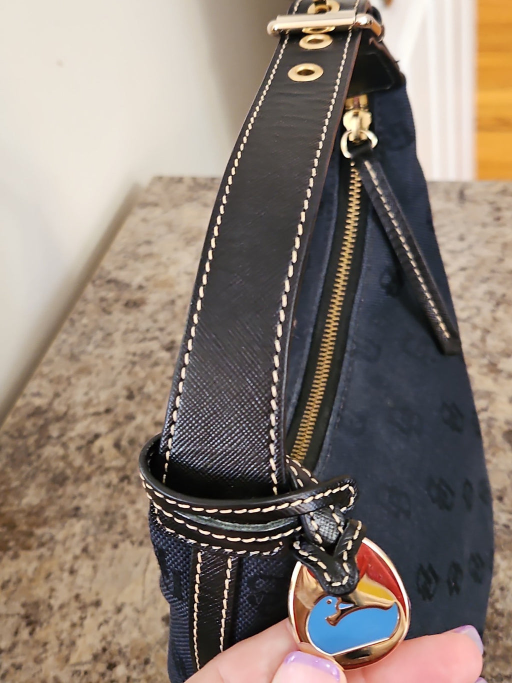 Vintage Dooney & Bourke Black Signature Monogram DB Canvas Mini Hobo Bag Purse