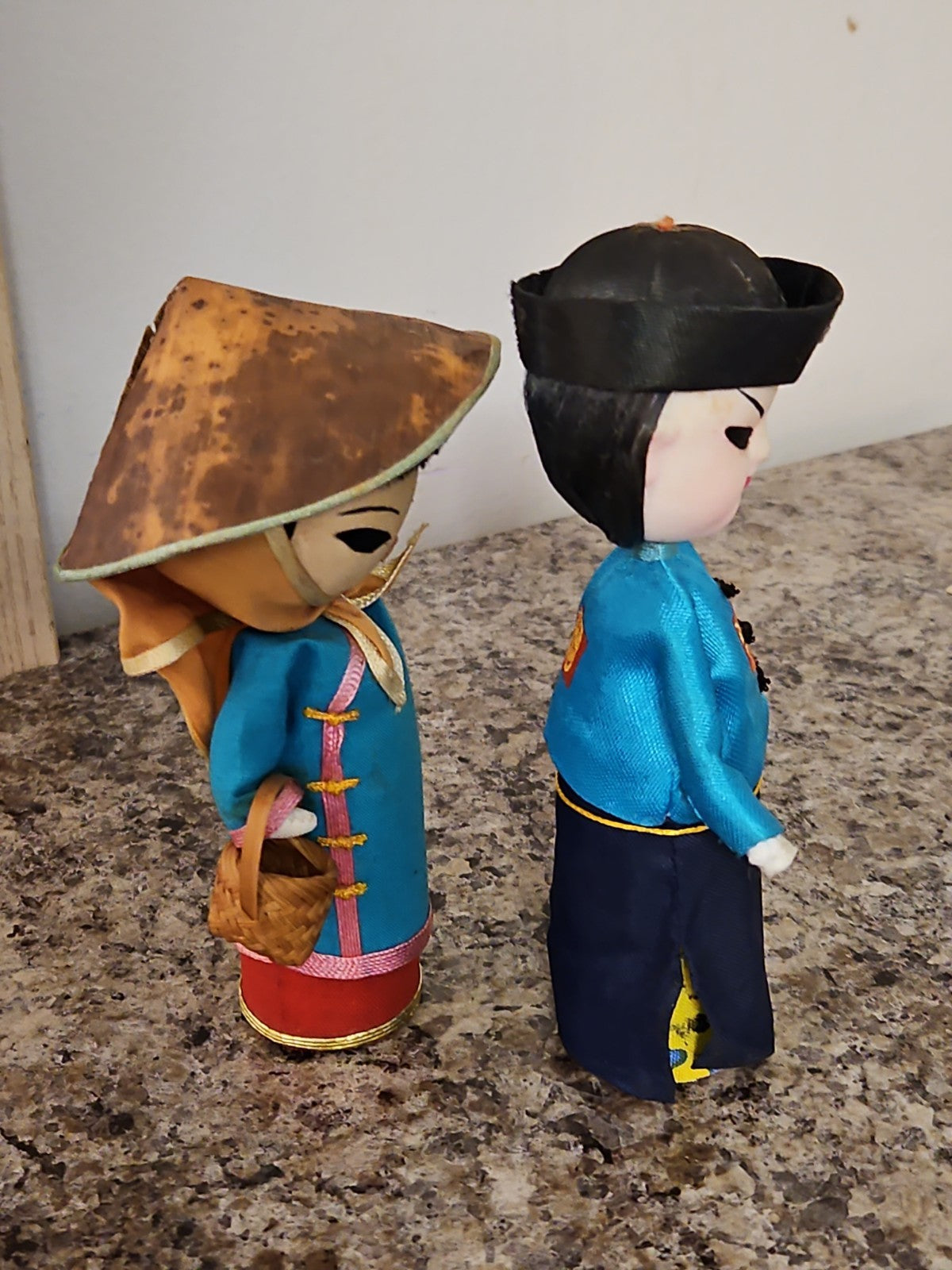 Set Of 2 Vintage Taiwan Free China Dolls Asian Folk Art Peasant Woman & Warrior