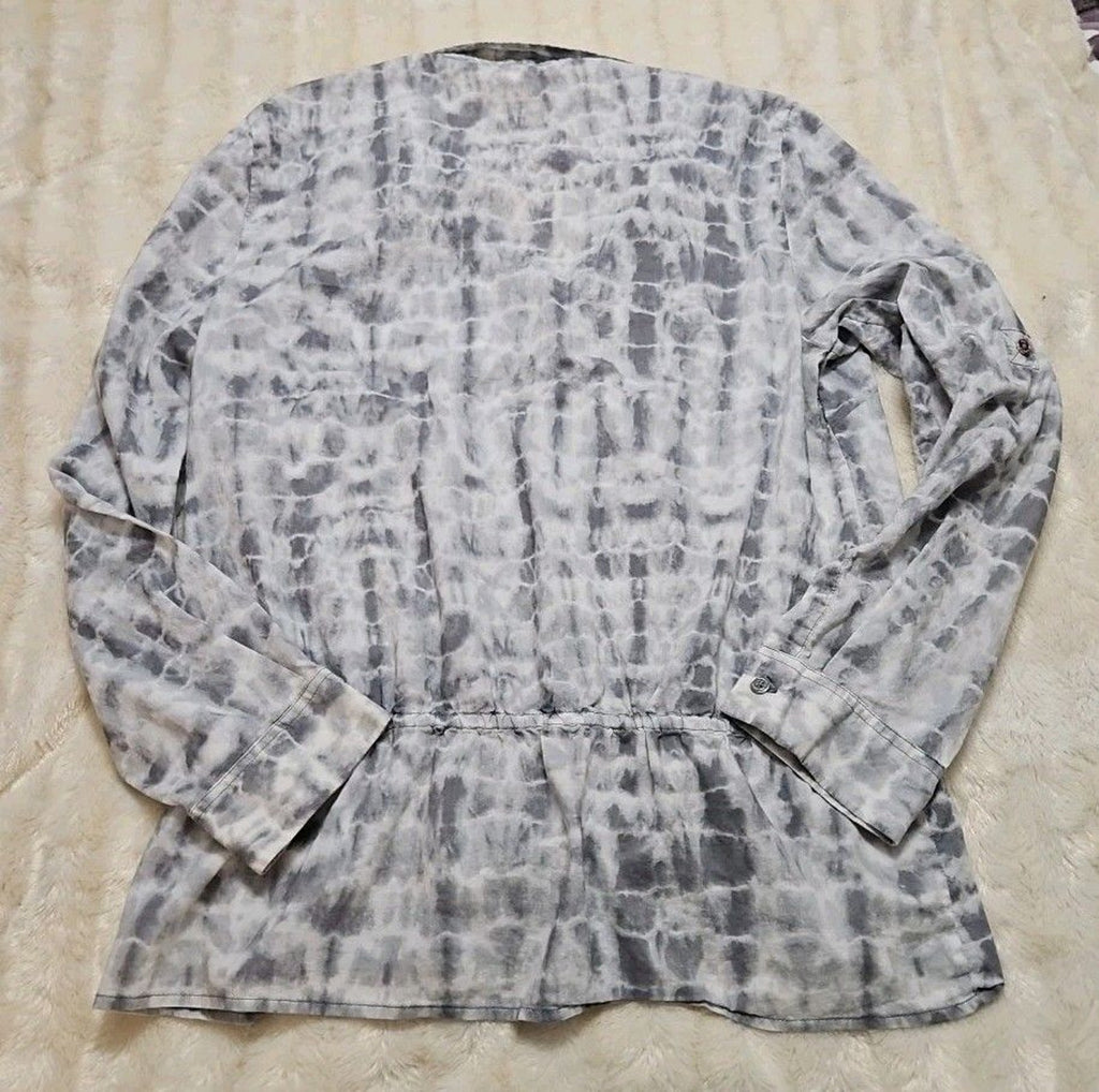 Michael Kors Blouse Henley Neck Ruffle Waist Sz L Grey & White