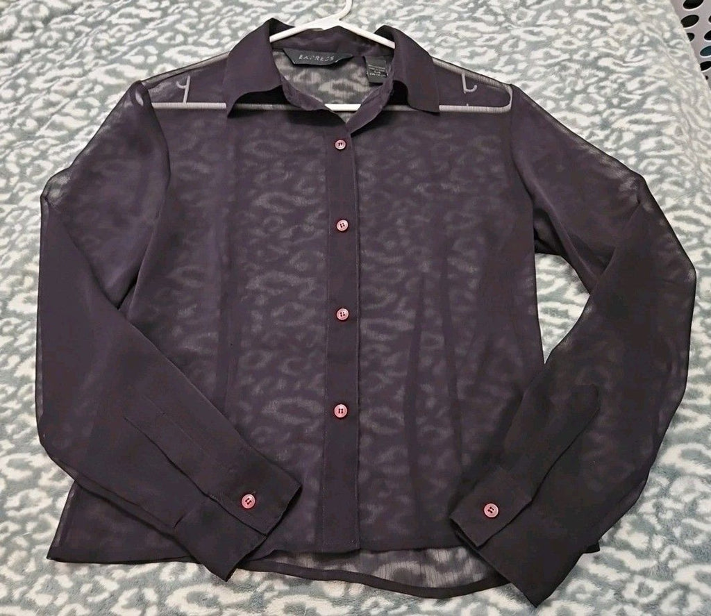 Vintage Express Women’s Sheer Plum Purple Button Up Long Sleeve Shirt Size 5/6