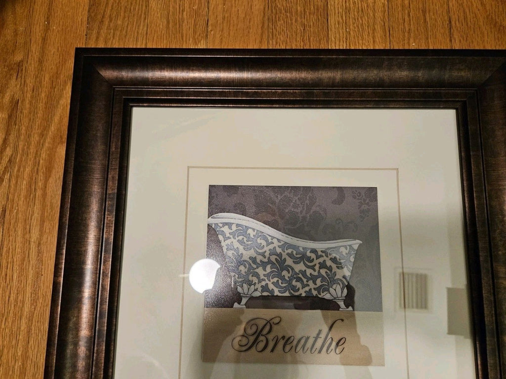 Blue & White Fleur De Lis French Bathtub Breathe Print Matted & Framed 15"x15"