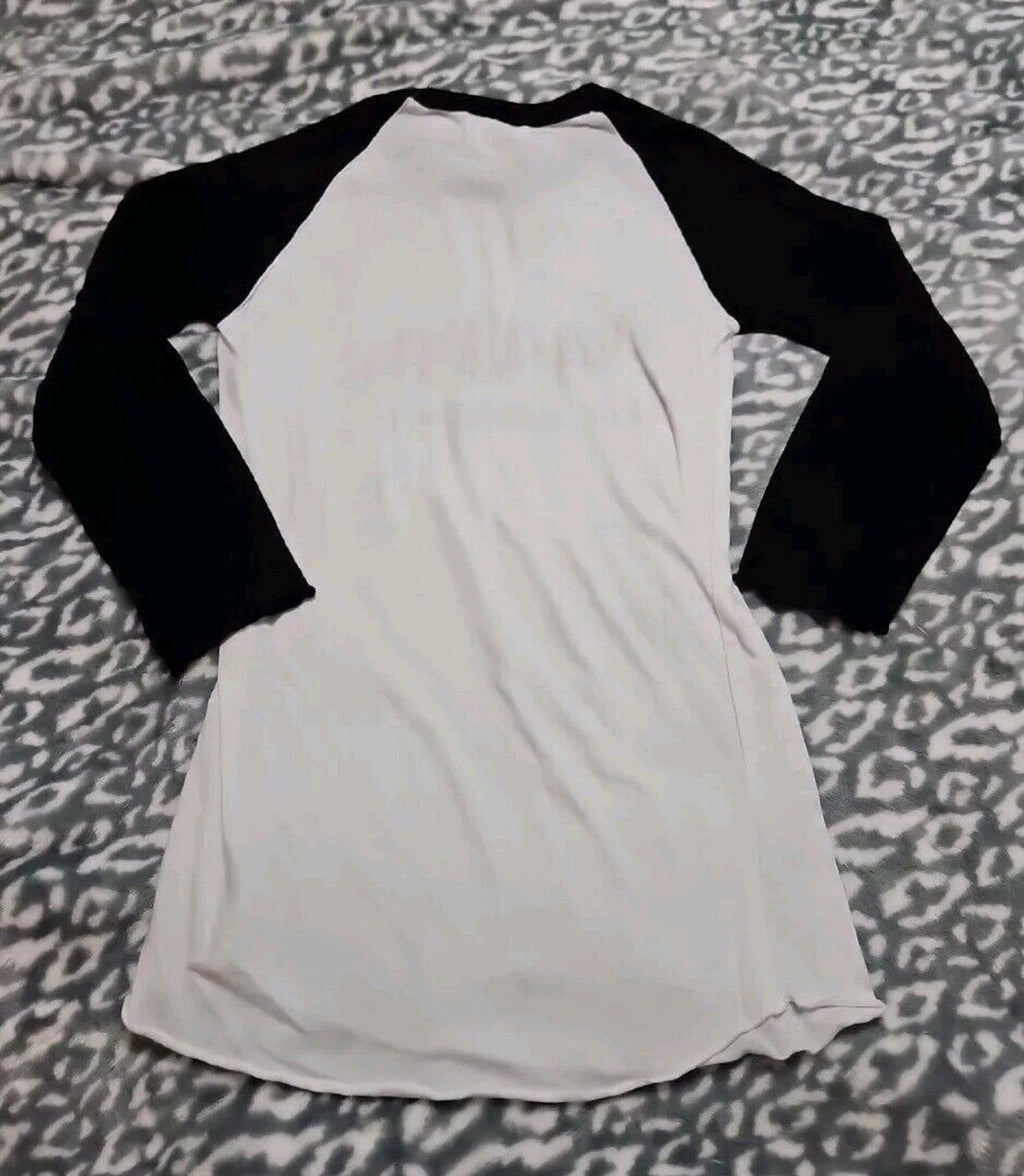 Goth Naughty But Mostly Nice W Silver Skull 3/4 Sleeve Color Block Shirt M