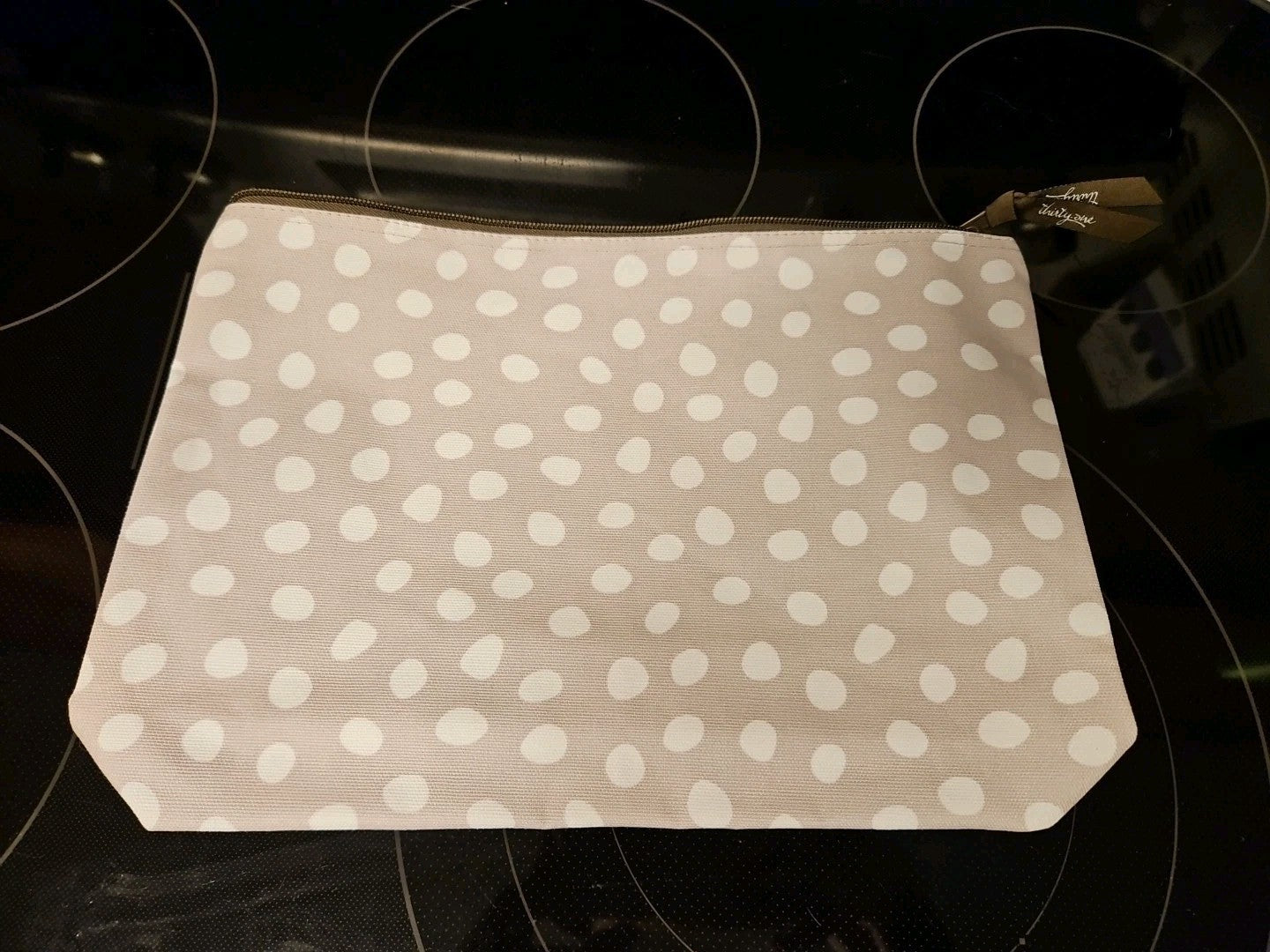 Thirty-One Taupe Beige Lotsa Dots Retired Zipper Bag 12"x 9.5" EUC