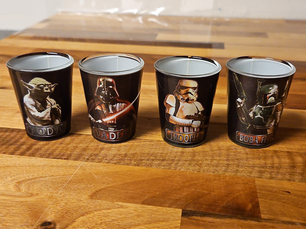 Star Wars Shot Glass Set Of 4 Darth Vader, Storm Trooper, BoBa Fett, Yoda In Box