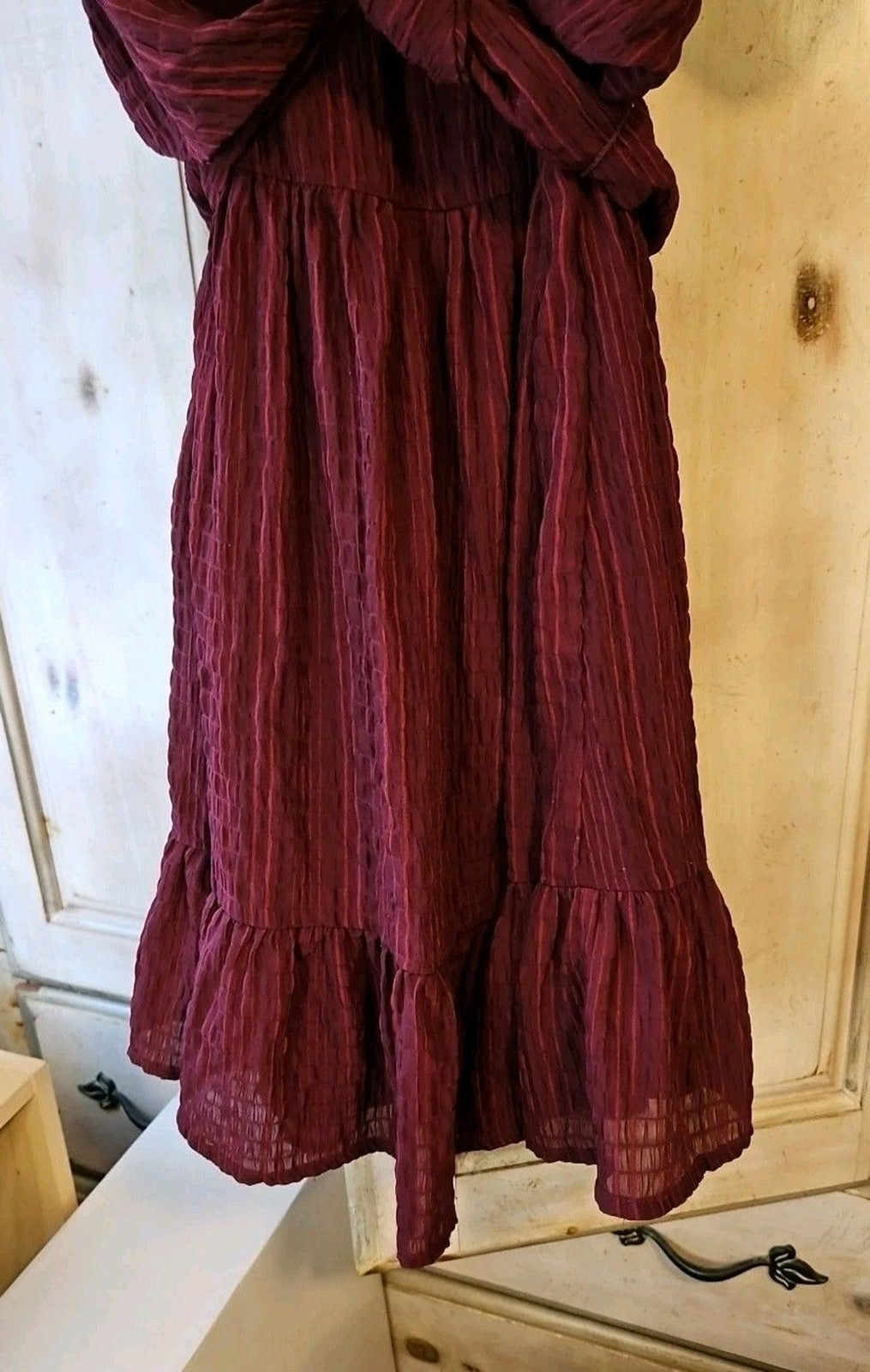 Altar'd State Burgundy Mini Dress, Sz M, Puffed Sleeves, Tie Back, Ruffle Hem