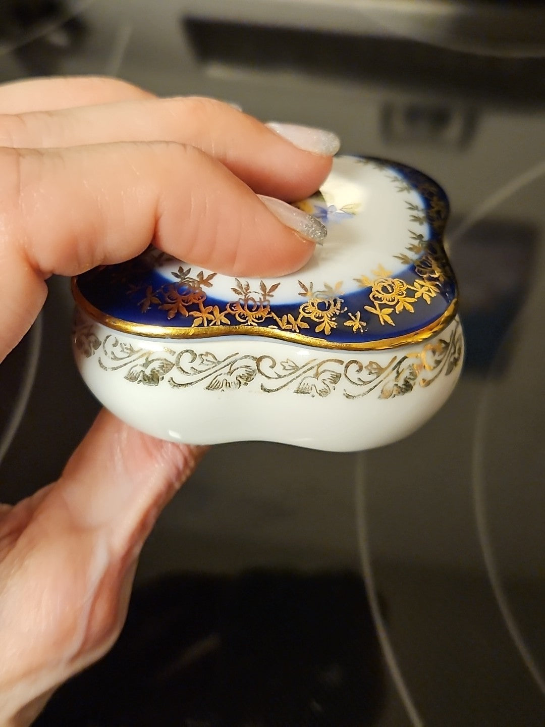 Hand Painted Porcelain Cobalt Blue German Floral Trinket Box Gold Detail