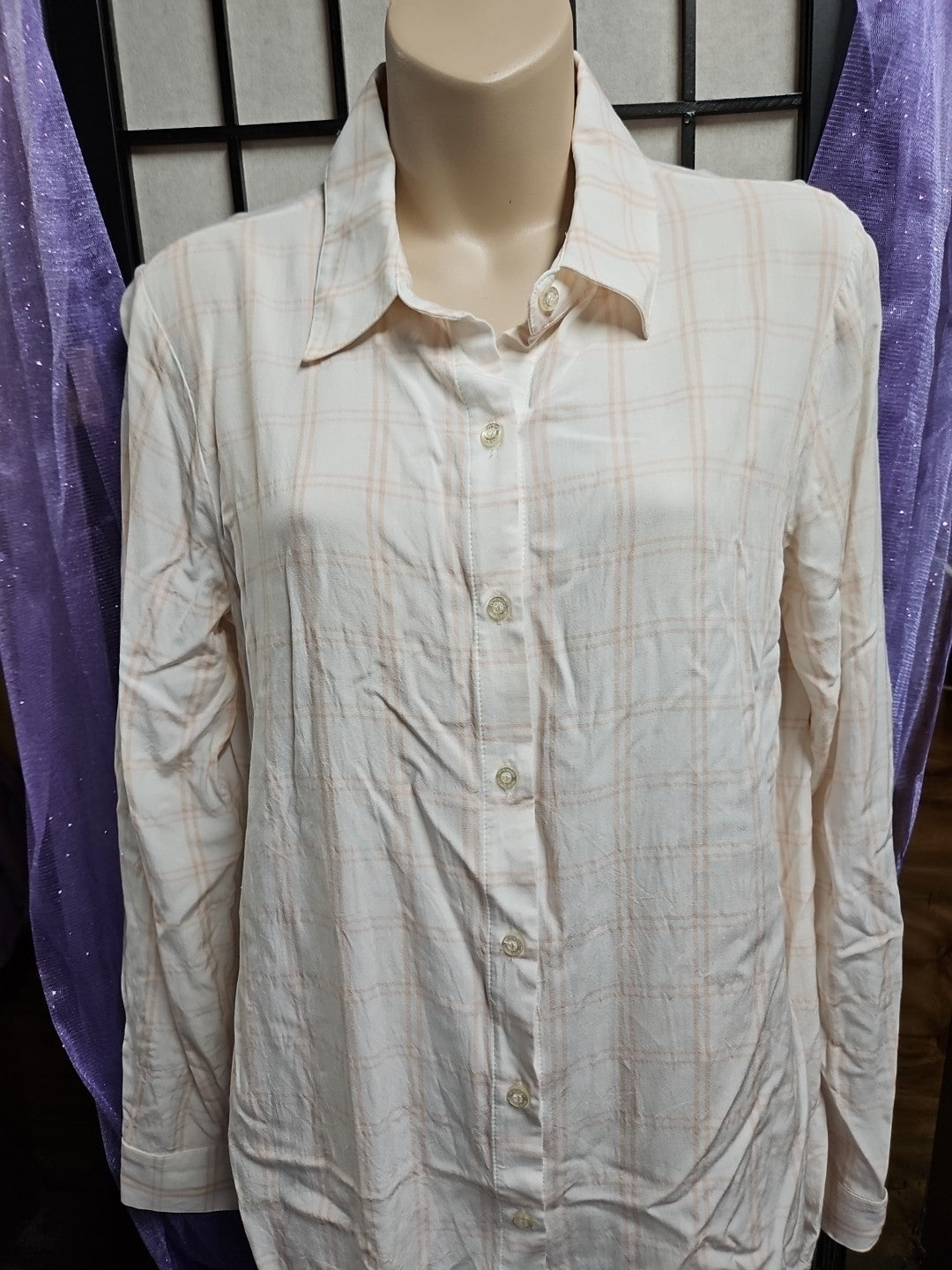 Calvin Klein Long Sleeve Roll Tab Peach & White Plaid Button Down Shirt - Sz S