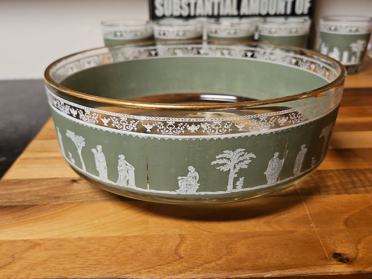 Vintage MCM Jeannette Glass Hellenic Green Grecian Serving Bowl With 5 Tumblers