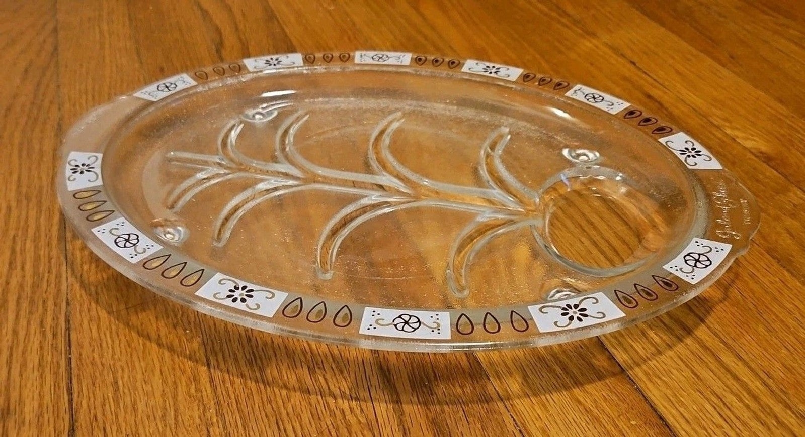 Vintage MCM Inland Glass Serving Dish Meat Platter Atomic Sputnik Floral Pattern