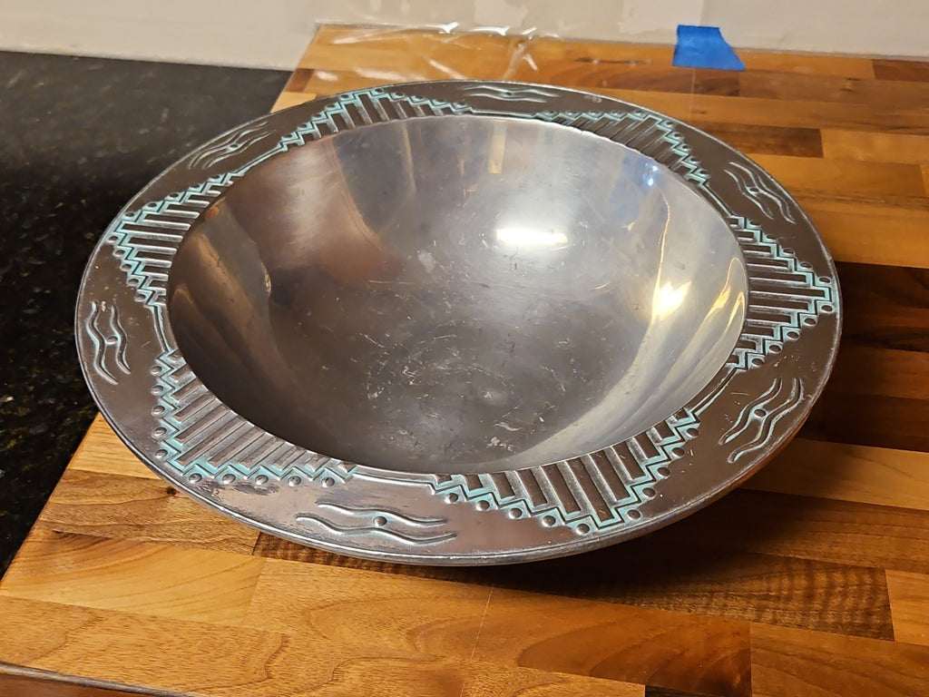 Vintage Wilton Armetale 14" Bowl Turquoise Zia Southwest Pattern Very Nice!