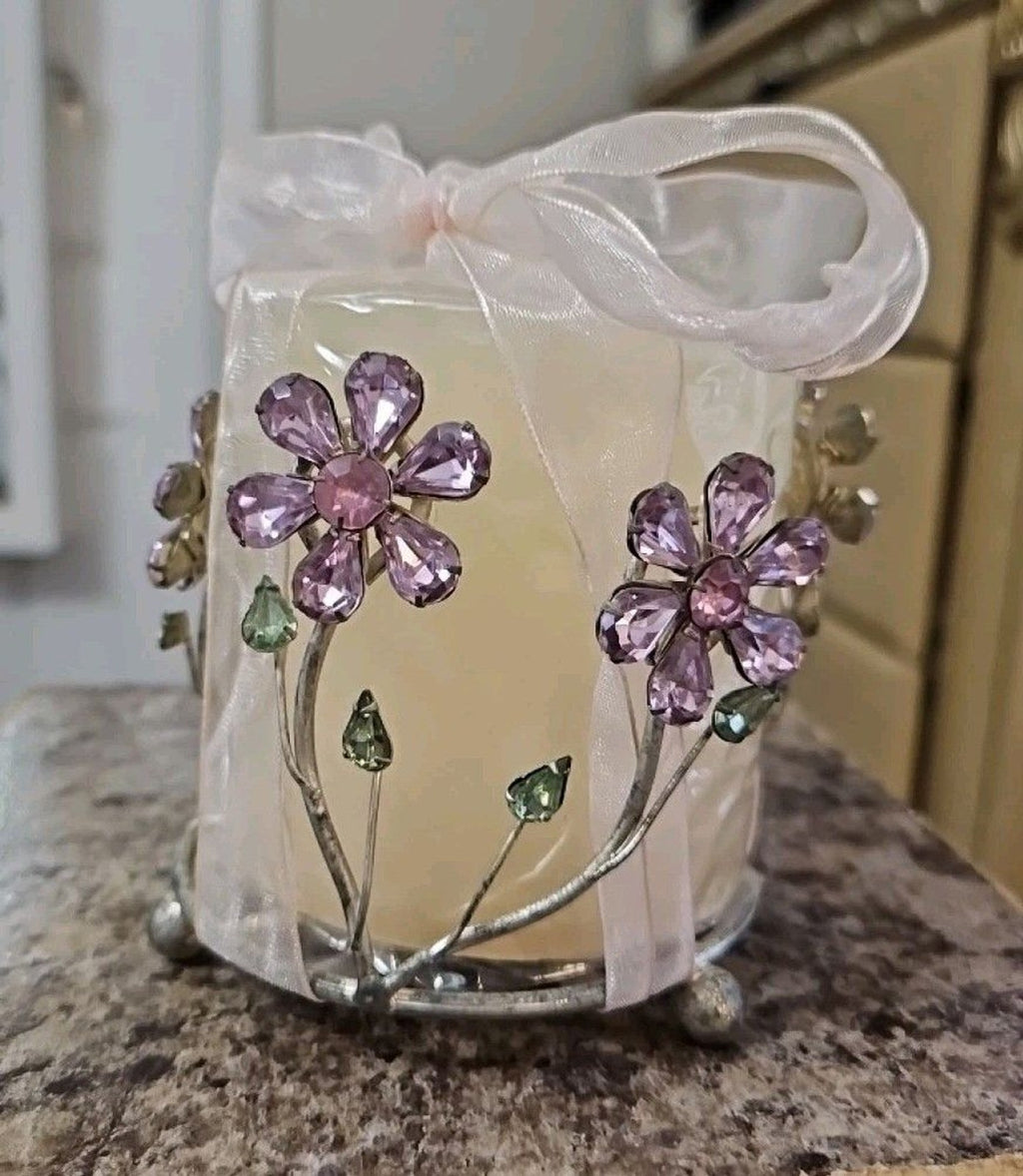 Round Silver Metal Candle Holder With Purple & Green Jeweled Flowers 3.5''