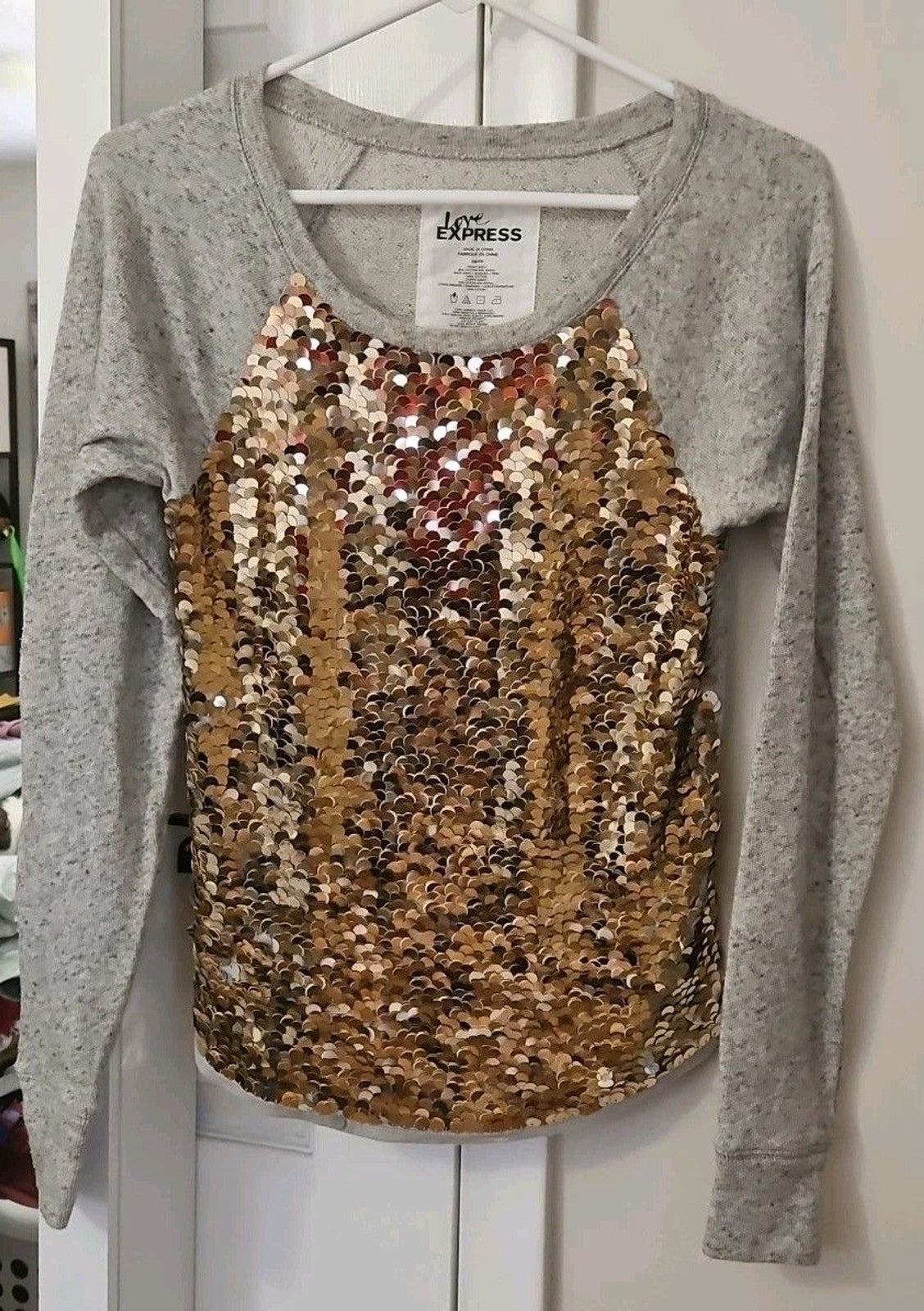 Love Express Women's XS Mermaid Gold & Silver Sequin Shirt Long Sleeve Top Gray