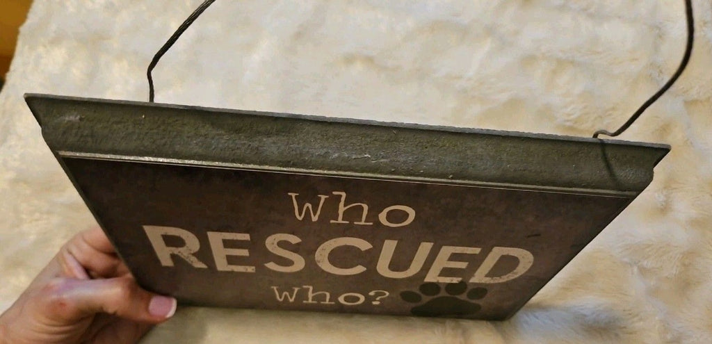 Rustic Who Rescued Who? Cat Dog Pawprint Wood Plaque Sign Pet Wall Art