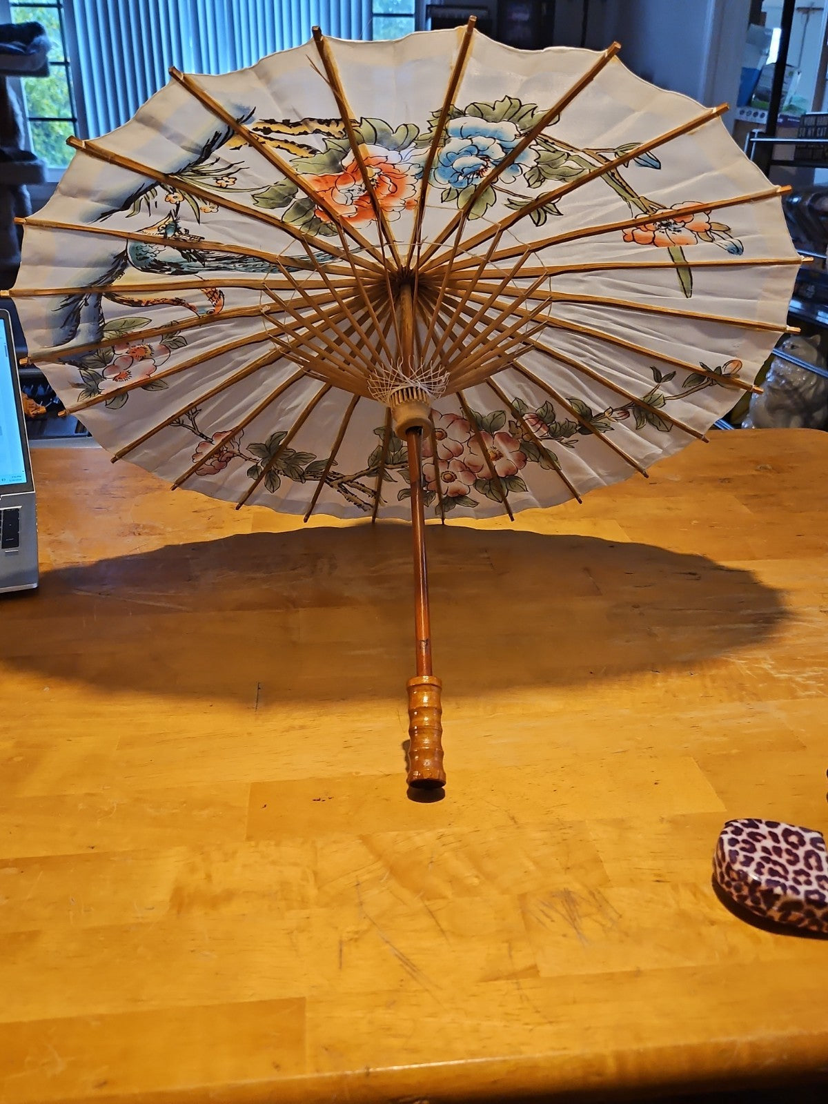 Vintage Asian Japanese Hand Painted Parasol Umbrella 21" White Floral EUC