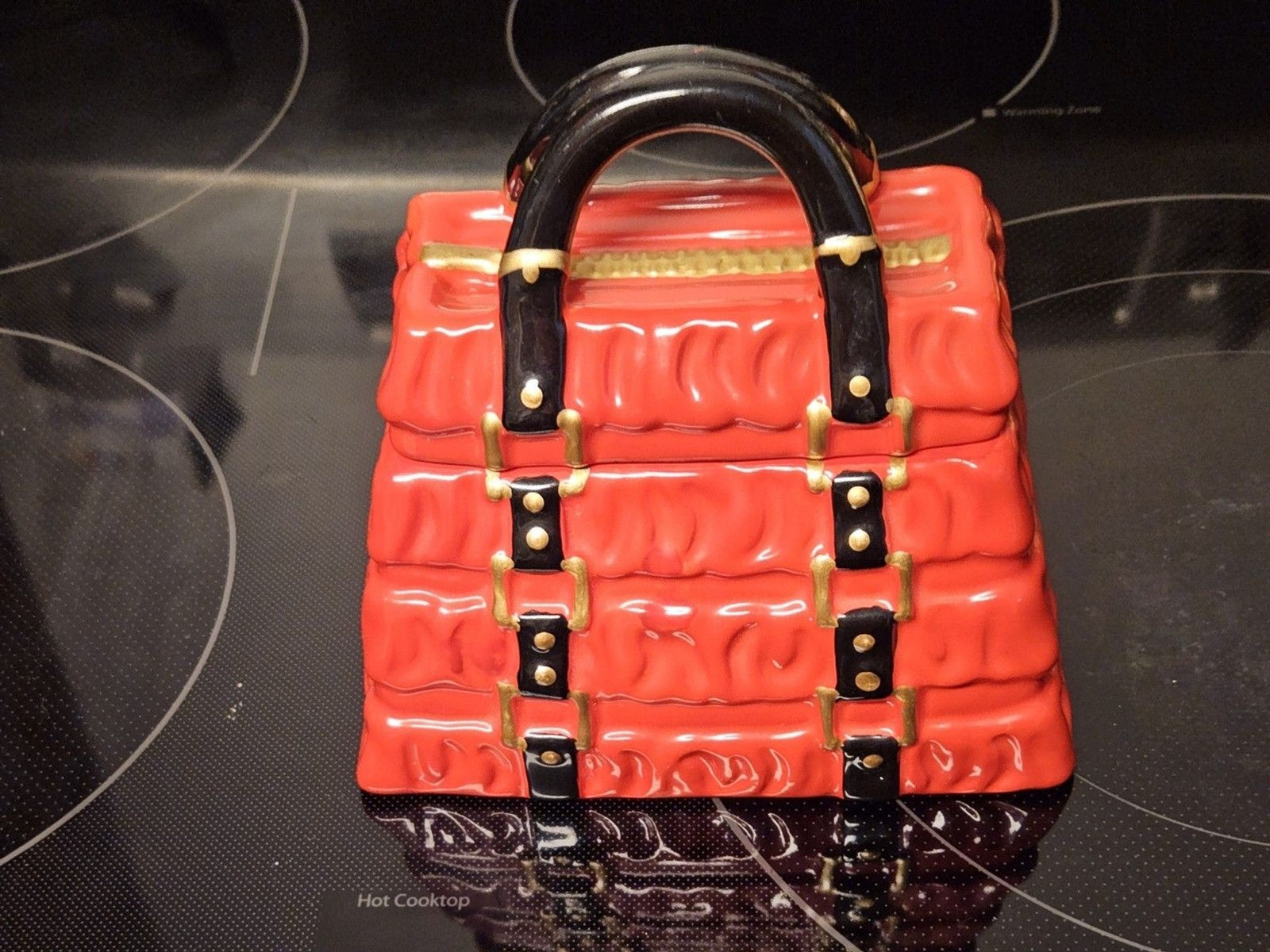 David's Cookies Ceramic Red Pleated Purse Cookie Jar Candy Dish Collectible