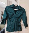 H & M Women's Side Tie Rouched Neck Blouse Size 4 Forest Green 3/4 Sleeve