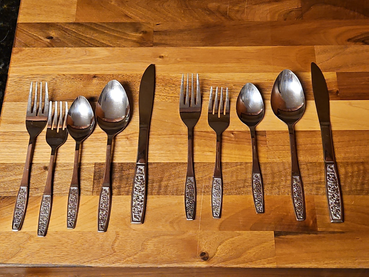 Vintage CustomCraft Stainless Steel Flatware CUS10 5 Pc Service For 2 Roses
