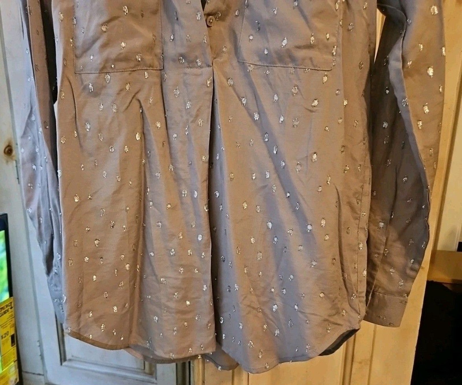 Ann Taylor Grey Henley Blouse With Silver Metallic Raised Polka Dots Sz XS