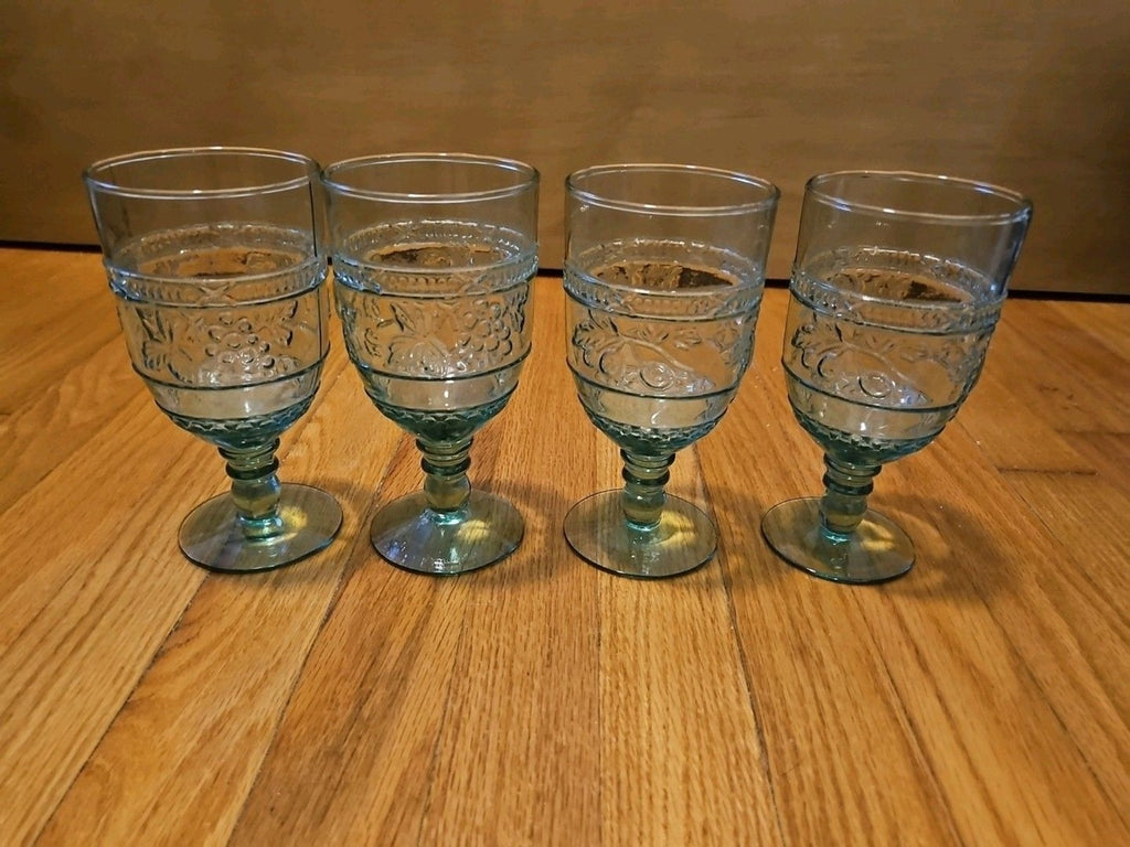 Vintage Mikasa 1960 Embossed Fruit Light Green Glasses Set of Four (4)