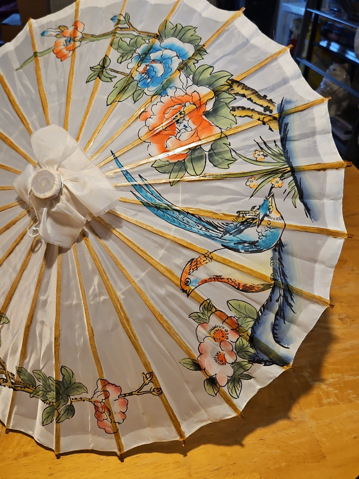 Vintage Asian Japanese Hand Painted Parasol Umbrella 21" White Floral EUC