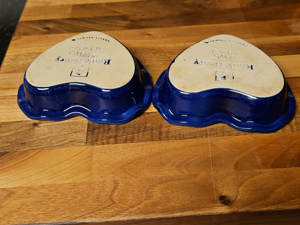 Set Of 2 Emile Henry Fluted Edge Heart Shaped Blue & White Baking Dishes #6149