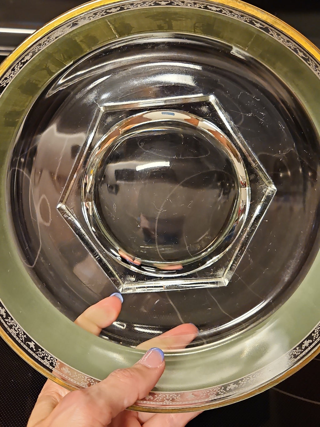 Vintage MCM Jeannette Glass Hellenic Green Grecian Serving Bowl With 5 Tumblers