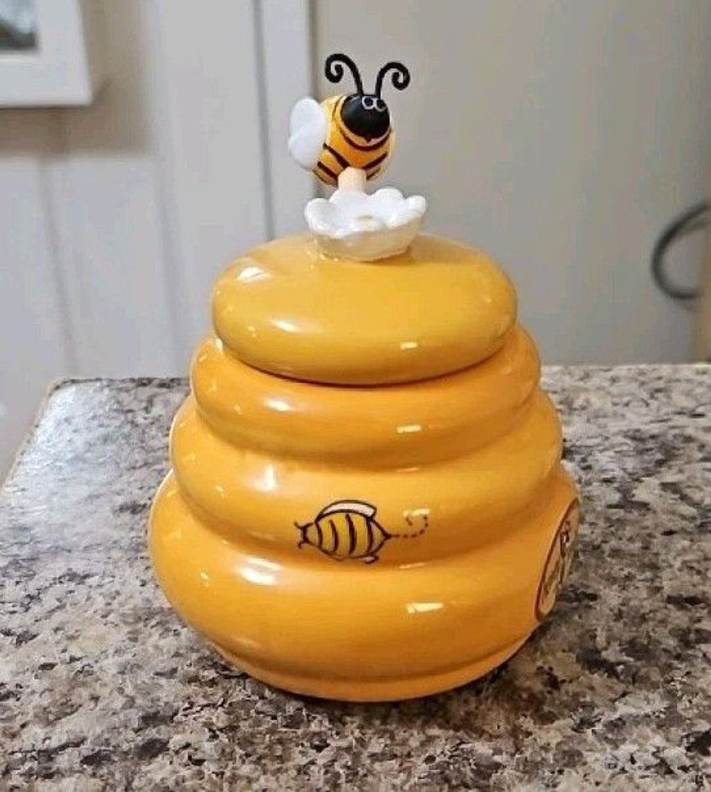Honey Miel ( French) Ceramic Beehive Jar Pot w Wood Bumble Bee Dipper 3" Kitchen