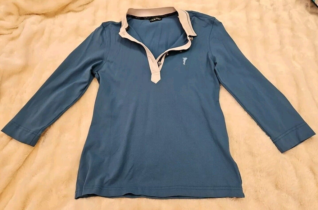 GOLFINO Womens Size 8 Teal W/ White Collar 3/4 Sleeve Polo Shirt Golf