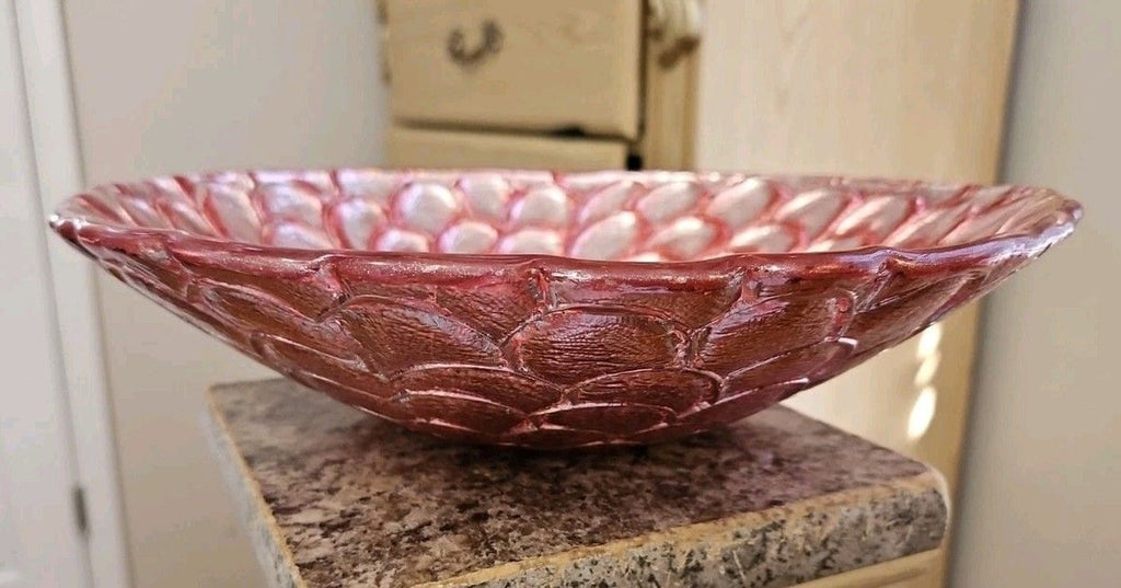 Metallic Pink Floral Design Art Glass Bowl Serving Dish Centerpiece 11.5" x 11.5"