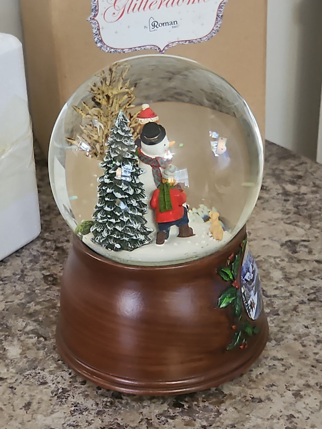 Musical Roman Snow Globe Snowman Scene  Plays We Wish You a Merry Christmas