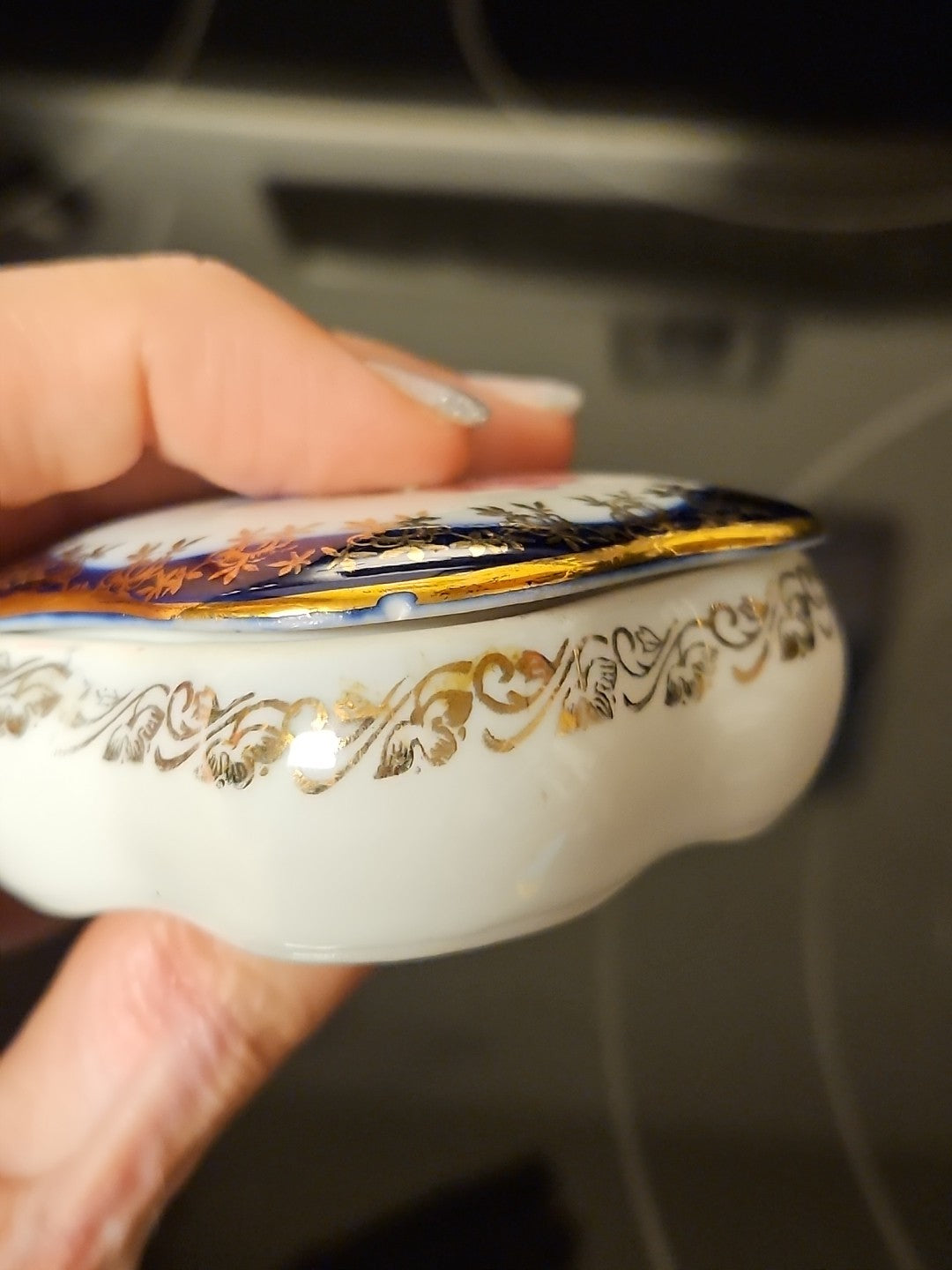 Hand Painted Porcelain Cobalt Blue German Floral Trinket Box Gold Detail