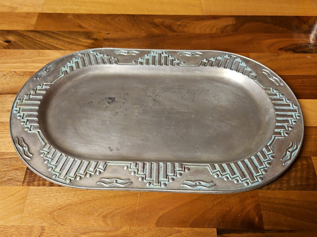 Vintage Wilton Armetale Zia Turquoise Southwestern Oval Serving Platter  12”
