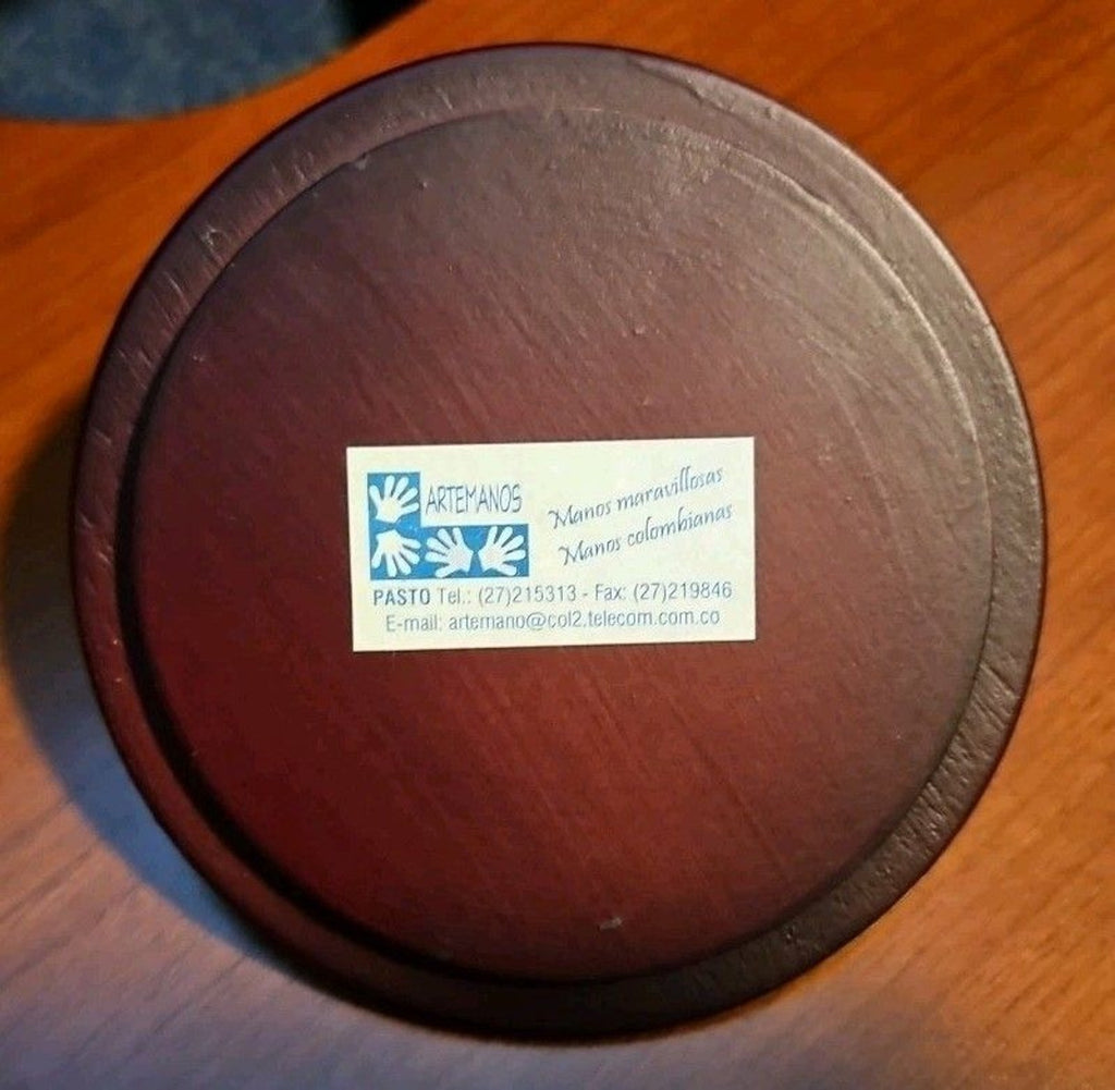 Handmade Straw Marquetry Wooden Trinket Bowl W/ Lid Village Scenery 6” Round