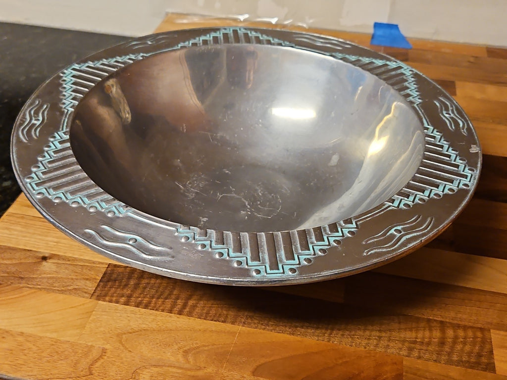 Vintage Wilton Armetale 14" Bowl Turquoise Zia Southwest Pattern Very Nice!