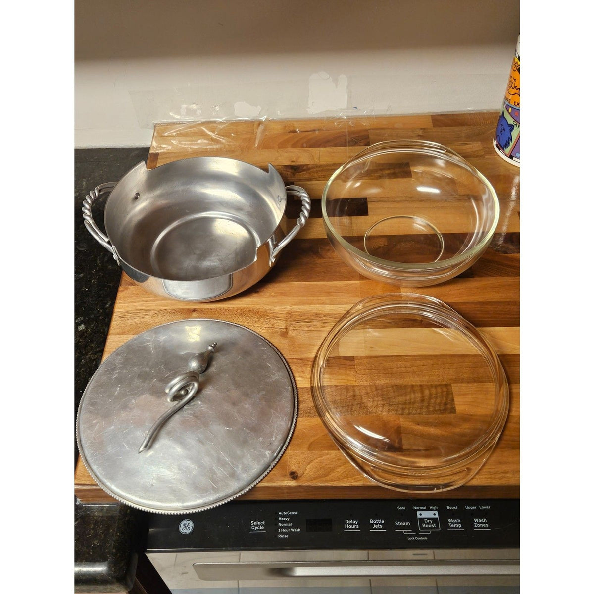 3pc Vintage Buenilum Hammered Aluminum Casserole Serving Set W/ Pyrex 024 & Lid