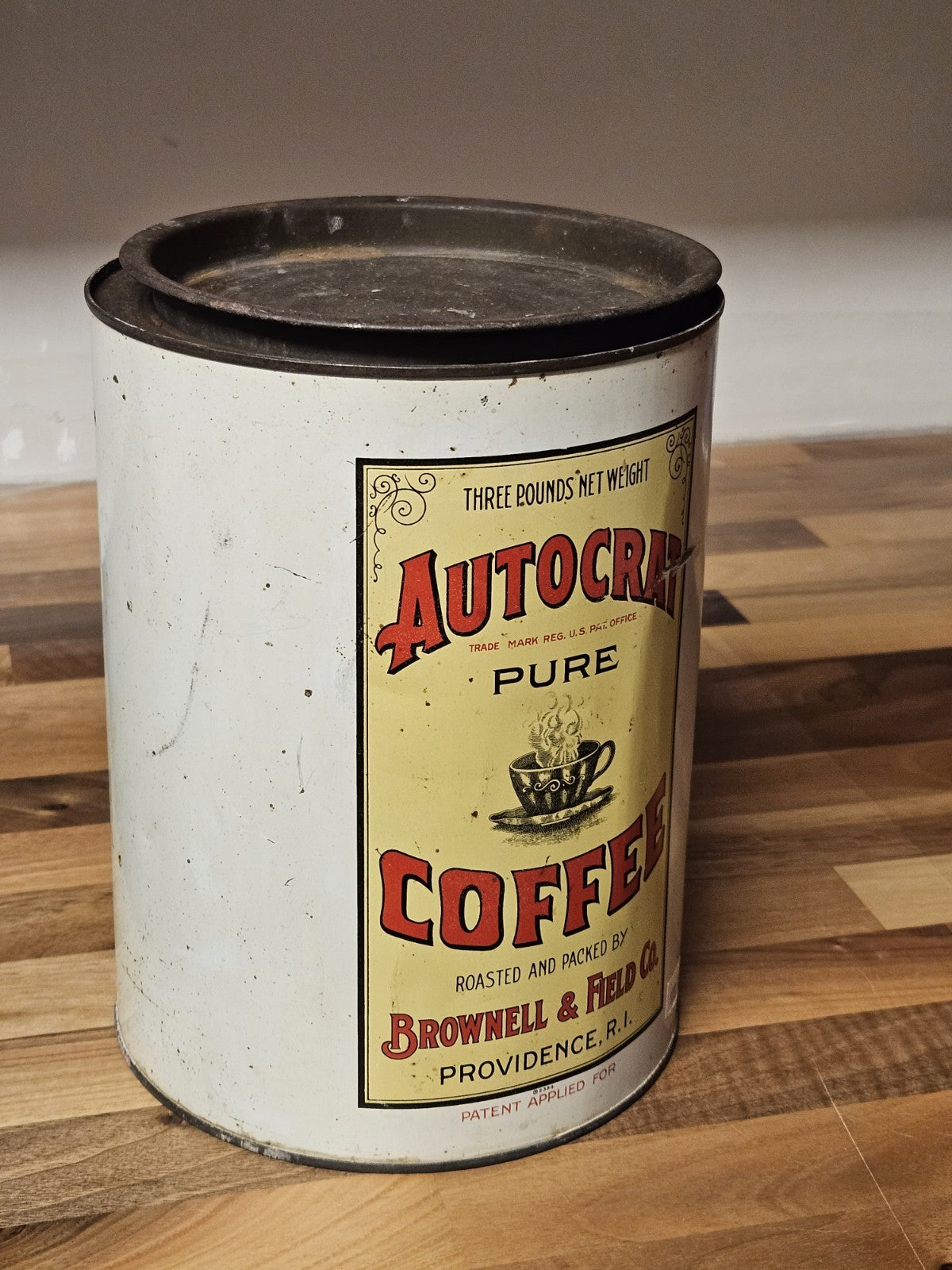 Vintage Brownell & Field Providence RI Autocrat Coffee 3lb Tin W/ Off-Center Lid