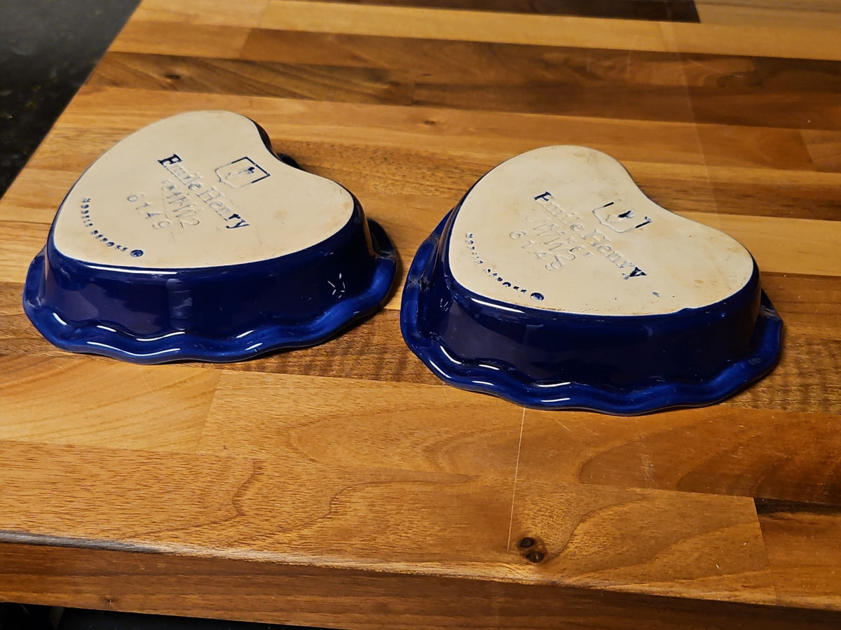 Set Of 2 Emile Henry Fluted Edge Heart Shaped Blue & White Baking Dishes #6149