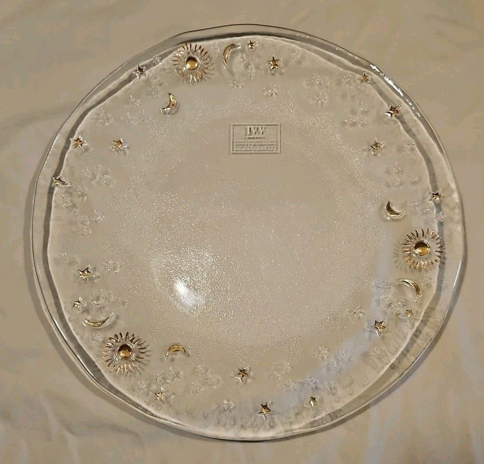 IVV Hand Painted Clear Glass Celestial Moon, Stars, Sun Plate 13.5" Gold Accents