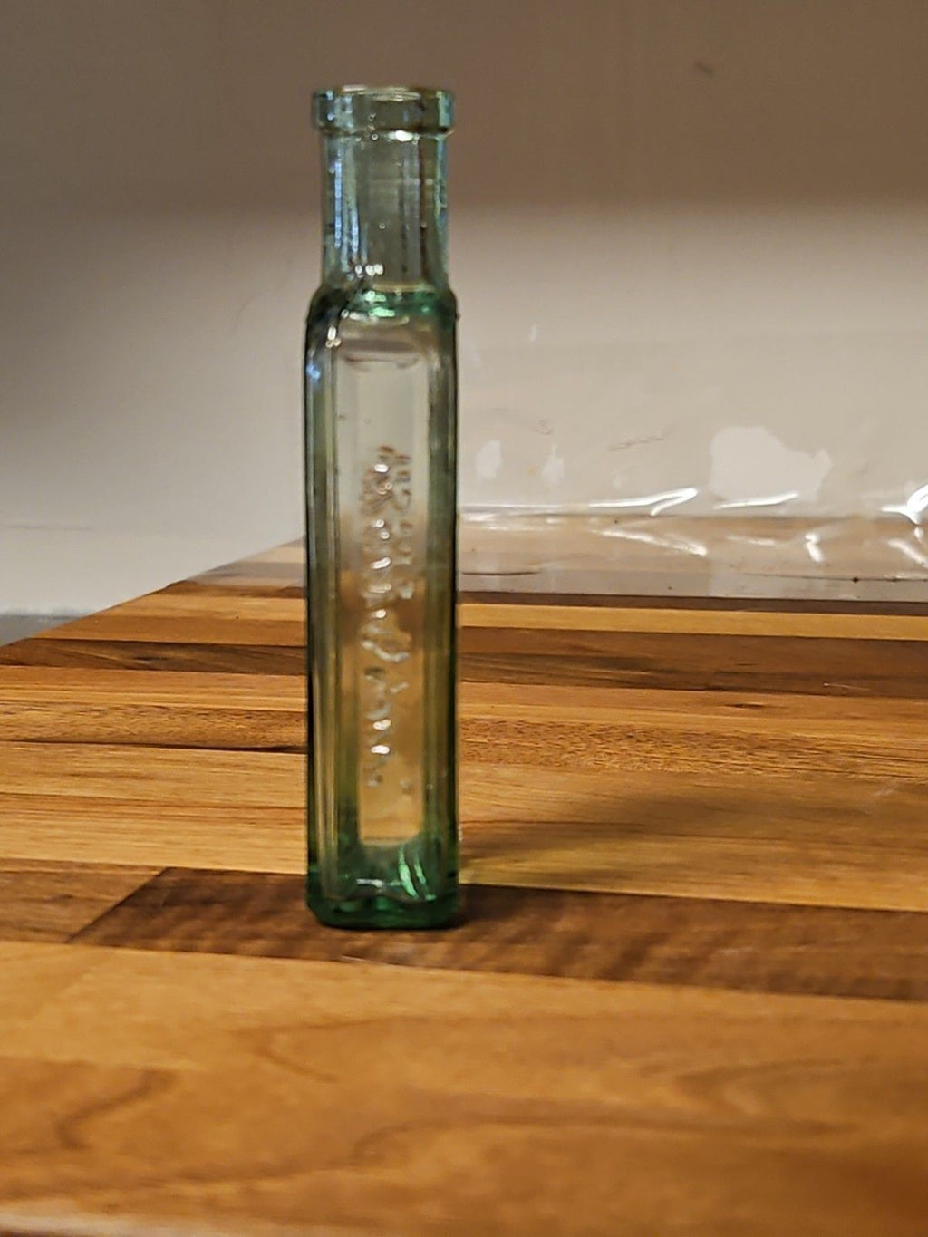 Antique 1890's Clear Blown Glass Home Oil Bottle Green Tint Sample Size 4.25"