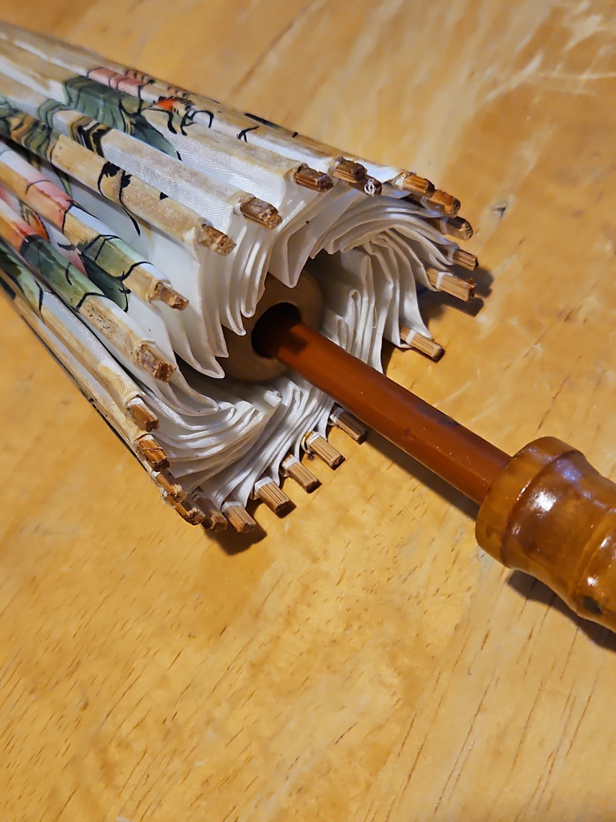 Vintage Asian Japanese Hand Painted Parasol Umbrella 21" White Floral EUC